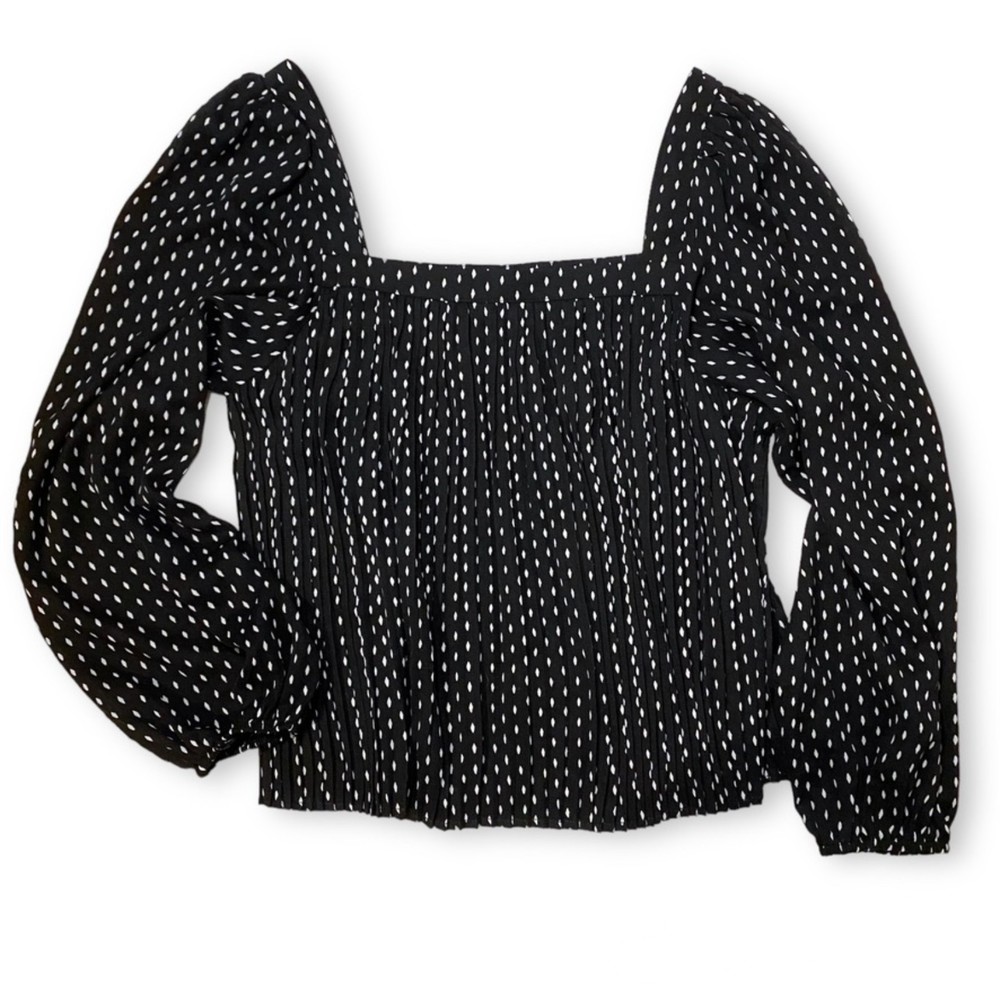 Anthropologie She & Sky Black Printed Crop Square Neck Pleated Blouse Top Sz M